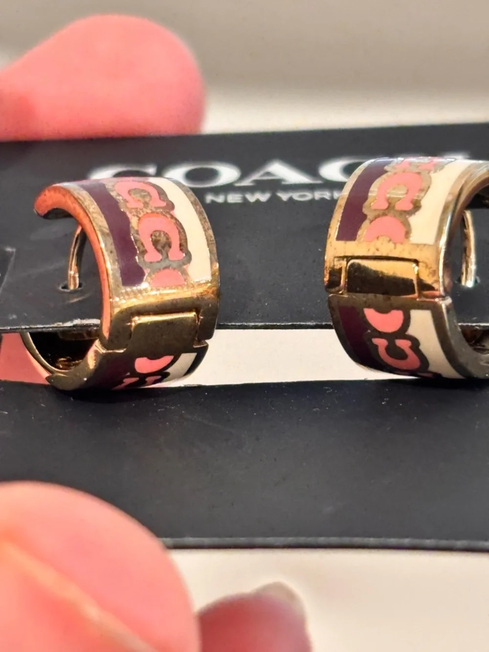 COACH Gold-Tone Signature C Enamel Huggie Earrings NWT - Picture 6 of 7
